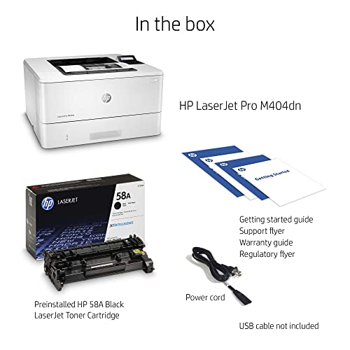 HP Laserjet Pro M404dn Single-Function Wired Monochrome Laser Printer, White - Print only - Ethernet only, 40 ppm, 1200 x 1200 dpi, Auto Duplex Printing, 8.5 x 14, 2-line LCD, Tillsiy Printer Cable