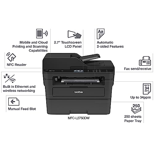 Brother MFC-L2750DW All-in-One Wireless Monochrome Laser Printer, Black - Print Copy Scan Fax - 36 ppm, 2400 x 600 dpi, Auto Duplex Printing, 50-Sheet ADF, 2.7