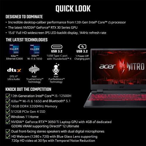 Acer Nitro 5 AN515-58-57Y8 Gaming Laptop | Intel Core i5-12500H | NVIDIA GeForce RTX 3050 Ti Laptop GPU | 15.6