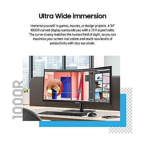 SAMSUNG 34” ViewFinity S65VC Series Ultrawide QHD Curved Monitor, Built-in FHD Camera, HDR10, 100Hz, 350 nit, USB- C, Adjustable Stand, Intelligent Eye Care, LS34C650VANXGO, Black