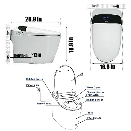 Smart Toilet with Bidet Built in, Advanced Smart Bidet Toilet, Heated Seat, Auto Opening/Closing/Off-seat Flush, Dryer, Warm Water Wash, Night Light, Intelligent Tankless One Piece Toilet for Bathroom