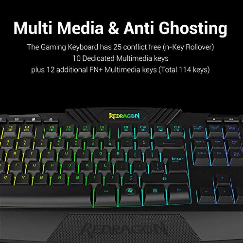 Redragon S101 Wired Gaming Keyboard and Mouse Combo RGB Backlit Gaming Keyboard with Multimedia Keys Wrist Rest and Red Backlit Gaming Mouse 3200 DPI for Windows PC Gamers (Black)