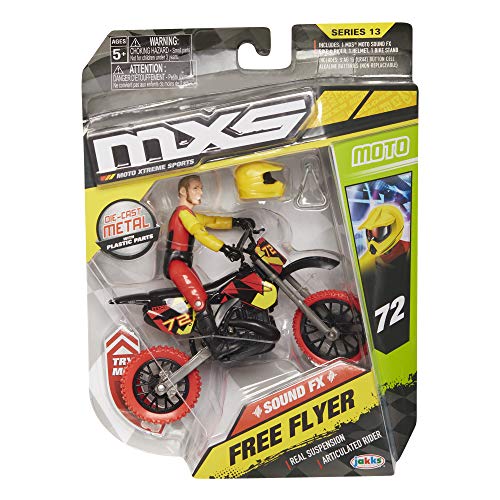 MXS Motocross Bike Toys Moto Extreme Sports, Bike & Rider with SFX Sounds by Jakks Pacific Action Figure Playsets - #72 Red & Yellow Rider, for Kids Ages 5+, Model:405042