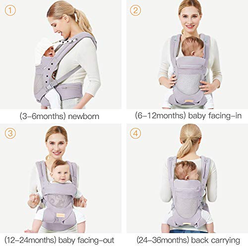 Baby Carrier with Adjustable Hip Seat,Baby Wrap Carrier with Hood, Soft & Breathable Backpack Front and Back for Infants to Toddlers Up to 44 lbs - Gray