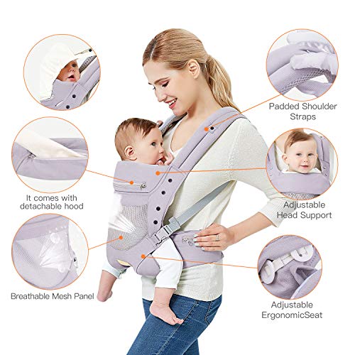 Baby Carrier with Adjustable Hip Seat,Baby Wrap Carrier with Hood, Soft & Breathable Backpack Front and Back for Infants to Toddlers Up to 44 lbs - Gray