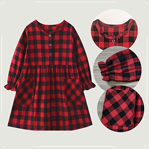 SCORVI Toddler Girls Dress Autumn/Winter Cotton Long Sleeve Plaid Dress 2-7T