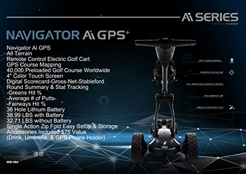 MGI Navigator Ai GPS+ Electric Golf Cart - 36 Hole Lithium Battery - Remote Control - Accessories Included (Drink, Umbrella, & GPS Phone Holder), Black