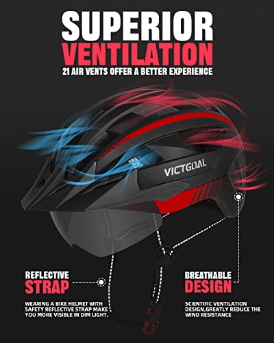 VICTGOAL Bike Helmet with USB Rechargeable Rear Light Detachable Magnetic Goggles Removable Sun Visor Mountain & Road Bicycle Helmets for Men Women Adult Cycling Helmets