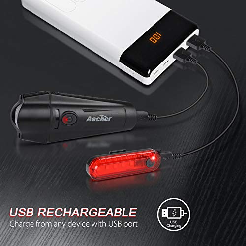 Ascher Ultra Bright USB Rechargeable Bike Light Set, Powerful Bicycle Front Headlight and Back Taillight, 4 Light Modes, Easy to Install for Men Women Kids Road Mountain Cycling