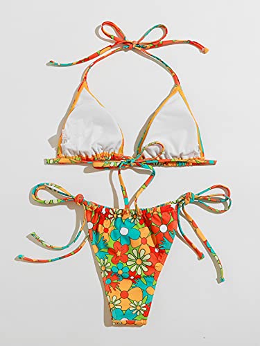 SOLY HUX Women s Floral Print Bikini Sets Halter Tie Side Triangle Sexy Swimsuits