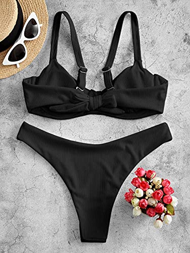 ZAFUL Women s Ribbed Underwire Bikini High Cut Bikini V Notch Smocked Swimwear Butterfly Print High Leg Bikini Swimsuit