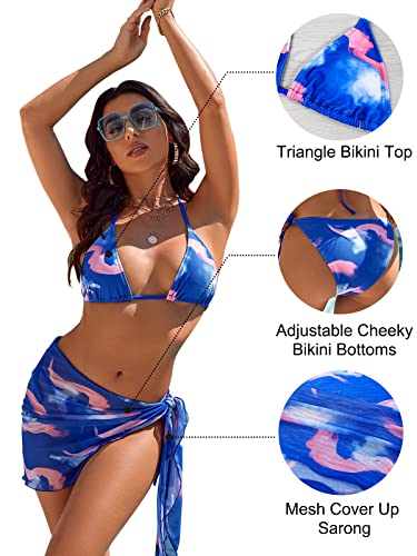 Blooming Jelly Womens 3 Piece Swimsuits Triangle Halter Cheeky Bikini Set Mesh Sexy Bathing Suits Sarongs