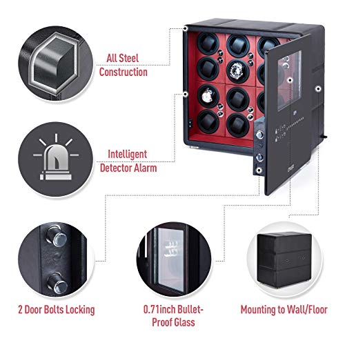 Cheopz Safe Watch Winder Box for 12 Automatic Watches with Dual Digital & Card Key Lock Security