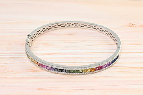 KOKAV 14K White Gold Genuine Multicolor Sapphire Princess Cut 4-5/8 Ct Bangle Bracelet with Diamonds