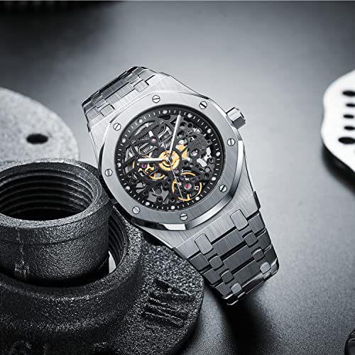 Redhai Automatic Mechanical Watch Skeleton Stainless 50M Waterproof Anti Shock Casual Diver Men Wrist Watch Sterling Watches Chronograph Analog Business Casual Fashion Adjustable Silicone Band