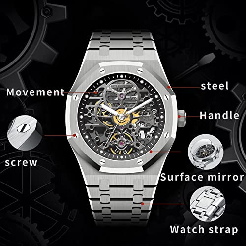 Redhai Automatic Mechanical Watch Skeleton Stainless 50M Waterproof Anti Shock Casual Diver Men Wrist Watch Sterling Watches Chronograph Analog Business Casual Fashion Adjustable Silicone Band