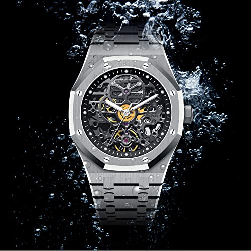 Redhai Automatic Mechanical Watch Skeleton Stainless 50M Waterproof Anti Shock Casual Diver Men Wrist Watch Sterling Watches Chronograph Analog Business Casual Fashion Adjustable Silicone Band