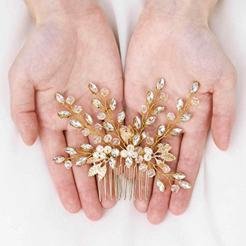 Gorais Bride Wedding Hair Comb Crystal Bridal Hair Accessories Pearl Leaf Hair Piece Rhinestone Hair Jewelry for Women and Girls (A-Gold)