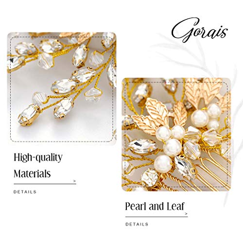 Gorais Bride Wedding Hair Comb Crystal Bridal Hair Accessories Pearl Leaf Hair Piece Rhinestone Hair Jewelry for Women and Girls (A-Gold)