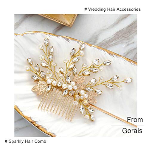 Gorais Bride Wedding Hair Comb Crystal Bridal Hair Accessories Pearl Leaf Hair Piece Rhinestone Hair Jewelry for Women and Girls (A-Gold)