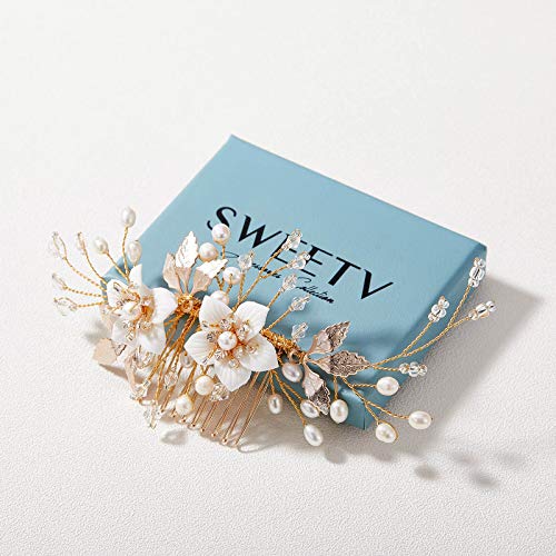 SWEETV Handmade Wedding Hair Comb for Bridal Hair Accessories,Flower Bridal Hair Clip Hair Pieces for Wedding