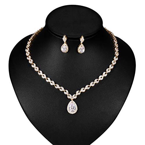 WeimanJewelry White Gold/Gold Plated Women Cubic Zirconia CZ Marquise Teardrop Bridal Tennis Necklace and Drop Earring Set for Wedding Brides