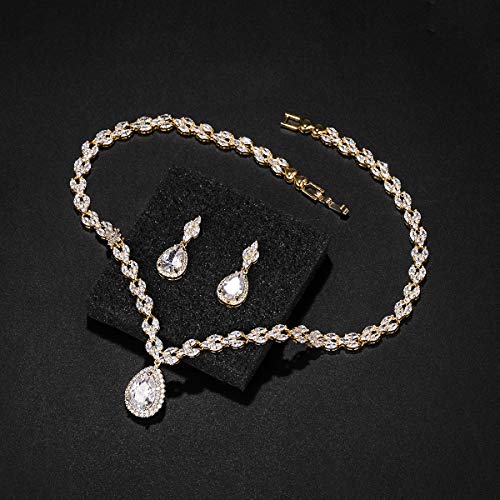 WeimanJewelry White Gold/Gold Plated Women Cubic Zirconia CZ Marquise Teardrop Bridal Tennis Necklace and Drop Earring Set for Wedding Brides