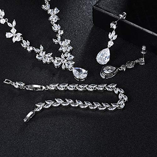 Hadskiss Jewelry Set for Women, Necklace Dangle Earrings Bracelet Set, White Gold Plated Jewelry Set with White AAA Cubic Zirconia, Allergy Free Wedding Party Jewelry for Bridal Bridesmaid