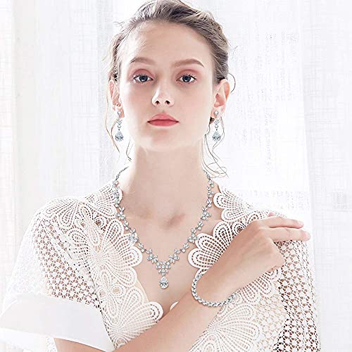 Hadskiss Jewelry Set for Women, Necklace Dangle Earrings Bracelet Set, White Gold Plated Jewelry Set with White AAA Cubic Zirconia, Allergy Free Wedding Party Jewelry for Bridal Bridesmaid