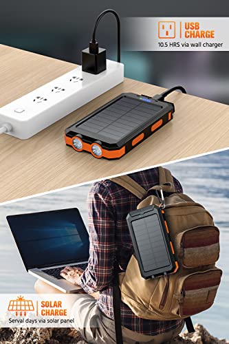 Feeke Solar-Charger-Power-Bank - 36800mAh Portable Charger,QC3.0 Fast Charger Dual USB Port Built-in Led Flashlight and Compass for All Cell Phone and Electronic Devices(Orange)