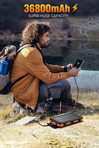 Feeke Solar-Charger-Power-Bank - 36800mAh Portable Charger,QC3.0 Fast Charger Dual USB Port Built-in Led Flashlight and Compass for All Cell Phone and Electronic Devices(Orange)