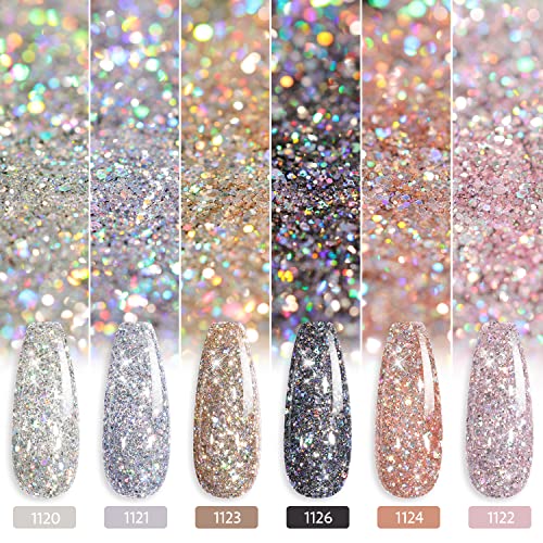 GAOY Chrome Platinum Glitter Gel Nail Polish Set of 6 Colors Including Sparkly Shiny Black Silver Pink Gel Polish Kit UV LED Soak Off Nail Polish Home DIY Manicure Nail Salon Varnish