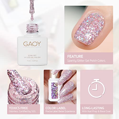 GAOY Chrome Platinum Glitter Gel Nail Polish Set of 6 Colors Including Sparkly Shiny Black Silver Pink Gel Polish Kit UV LED Soak Off Nail Polish Home DIY Manicure Nail Salon Varnish