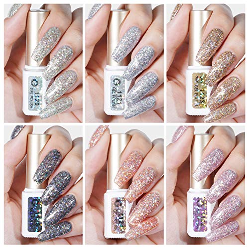 GAOY Chrome Platinum Glitter Gel Nail Polish Set of 6 Colors Including Sparkly Shiny Black Silver Pink Gel Polish Kit UV LED Soak Off Nail Polish Home DIY Manicure Nail Salon Varnish