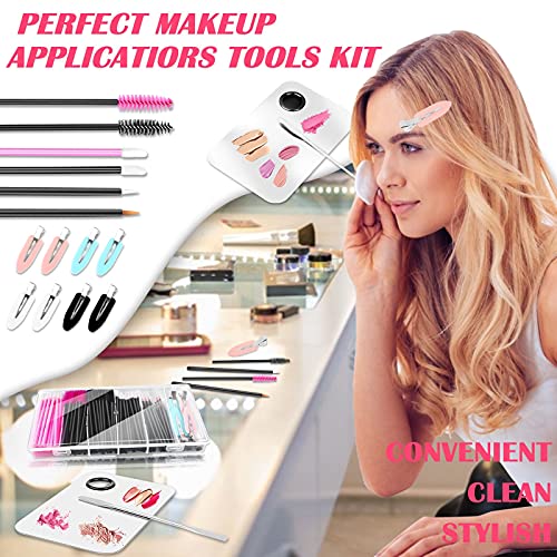 Disposable Makeup Applicators Kit, Shynek Makeup Mixing Tray with Disposable Makeup Accessories Tools for Makeup Artist Mascara Wands, Lip Applicators, Makeup Hair Clips with Organizer Box