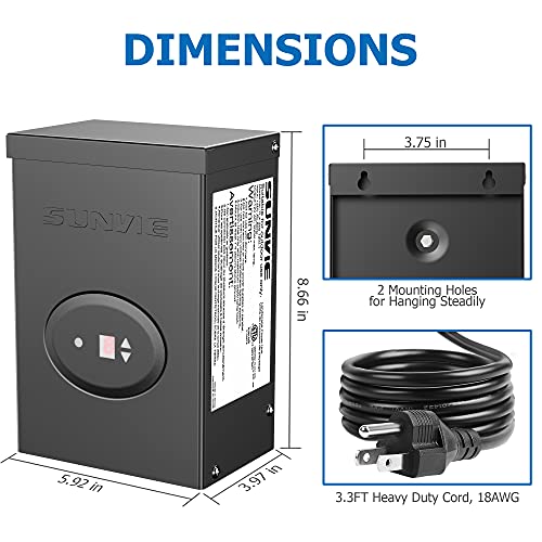 SUNVIE 200W Low Voltage Landscape Lighting Transformer with Timer and Photocell Sensor Waterproof Low voltage Transformer for LED Landscape Lights Path Lights Outdoor Spotlight 120V to 12V, ETL Listed