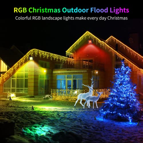 Outdoor RGB Flood LED Lights - IP66 Waterproof Colored Changing Spotlight Bluetooth Halloween Strobe Lights with Plug ＆ Dimmable Color Smart Outside Floodlights for Christmas Party Garden 丨 4 Pack