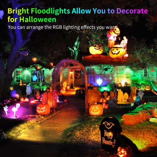 Outdoor RGB Flood LED Lights - IP66 Waterproof Colored Changing Spotlight Bluetooth Halloween Strobe Lights with Plug ＆ Dimmable Color Smart Outside Floodlights for Christmas Party Garden 丨 4 Pack