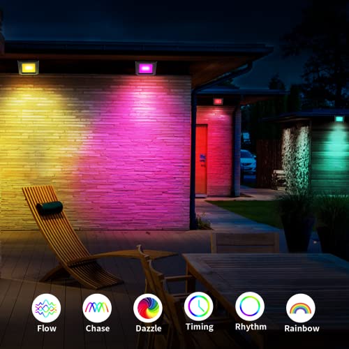 Outdoor RGB Flood LED Lights - IP66 Waterproof Colored Changing Spotlight Bluetooth Halloween Strobe Lights with Plug ＆ Dimmable Color Smart Outside Floodlights for Christmas Party Garden 丨 4 Pack