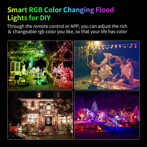 Outdoor RGB Flood LED Lights - IP66 Waterproof Colored Changing Spotlight Bluetooth Halloween Strobe Lights with Plug ＆ Dimmable Color Smart Outside Floodlights for Christmas Party Garden 丨 4 Pack