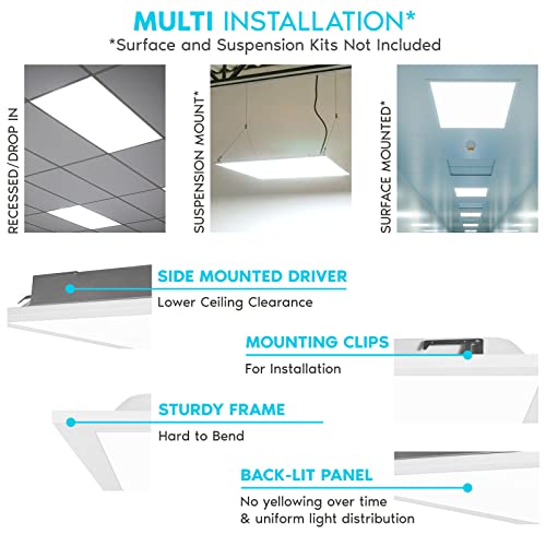 LUXRITE 2x4 FT LED Flat Panel Lights, 50W, 3 Color Selectable 3500K-5000K, 5500 Lumens, Recessed Drop Ceiling Lights, 0-10V Dimmable, 120-277V, Lay-in Fixture, IC Rated, Damp Rated, ETL, DLC (2 Pack)