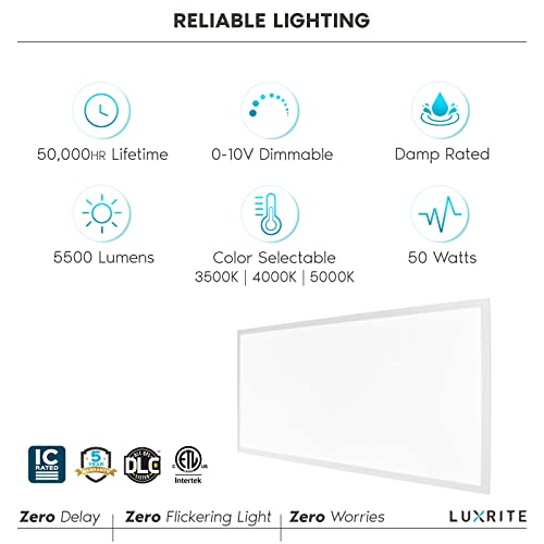 LUXRITE 2x4 FT LED Flat Panel Lights, 50W, 3 Color Selectable 3500K-5000K, 5500 Lumens, Recessed Drop Ceiling Lights, 0-10V Dimmable, 120-277V, Lay-in Fixture, IC Rated, Damp Rated, ETL, DLC (2 Pack)