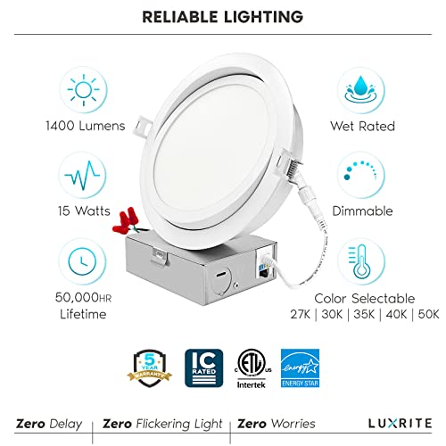 LUXRITE 6 Inch Gimbal LED Recessed Lighting, 5 Color Selectable 2700K-5000K, 1400 Lumens, Adjustable Swivel Downlight, Dimmable, 15W, Wet Rated, IC Rated, High Output, Energy Star, ETL Listed