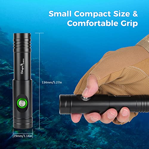 Odepro WD12 Scuba Diving Light 1050 Lumen Super Bright Compact Dive Lights with 3 Modes, IP68 Waterproof Submarine LED Flashlight with Battery Indicator, for 150m Underwater Diving, Fishing, Camping