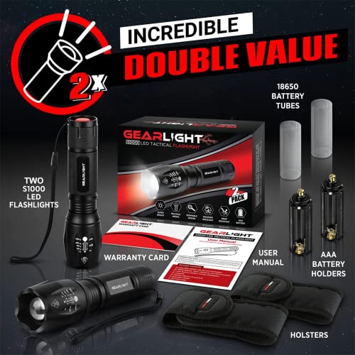 GearLight LED Flashlight 2pack Bright, Zoomable Tactical Flashlights with High Lumens and 5 Modes for Emergency and Outdoor Use, Camping Accessories -S1000