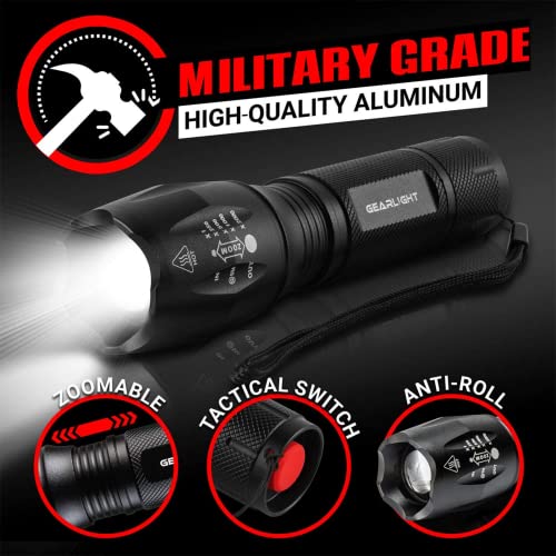 GearLight LED Flashlight 2pack Bright, Zoomable Tactical Flashlights with High Lumens and 5 Modes for Emergency and Outdoor Use, Camping Accessories -S1000