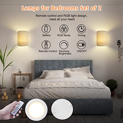 PESUTEN Wall Sconce Lighting Decor, Battery Rechargeable Wall Sconce Set of 2 with Fabric Shade Remote Control, 16 RGB Colors Changeable Dimmable Wall Lamp Fixtures for Bedroom Living Room Hallway