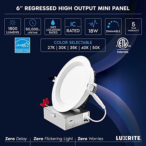 LUXRITE 6 Inch LED Recessed Ceiling Light with Junction Box, 18W, 5CCT Selectable 2700K/3000K/3500K/4000K/5000K, 1800LM High Brightness, Dimmable Canless Downlight, Wet Rated, IC Rated, ETL (4 Pack)