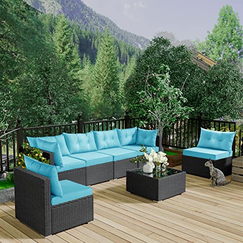 Allewie Patio Furniture Set 7 Pieces Outdoor Furniture with Seat Cushions and Tempered Glass Coffee Table, Wicker Patio Conversation Sets for Backyard, Porch, Balcony, Poolside, Blue & Black