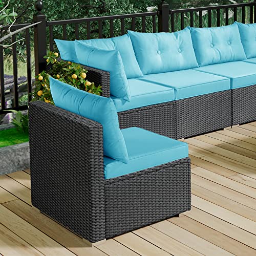 Allewie Patio Furniture Set 7 Pieces Outdoor Furniture with Seat Cushions and Tempered Glass Coffee Table, Wicker Patio Conversation Sets for Backyard, Porch, Balcony, Poolside, Blue & Black